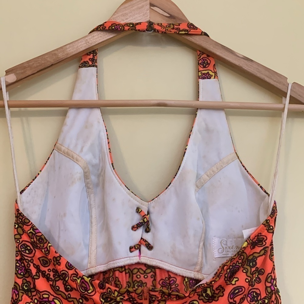 Sirena California 70's Neon Orange Floral Halter 2 Side Slits Maxi Dress S/M - Picture 10 of 17